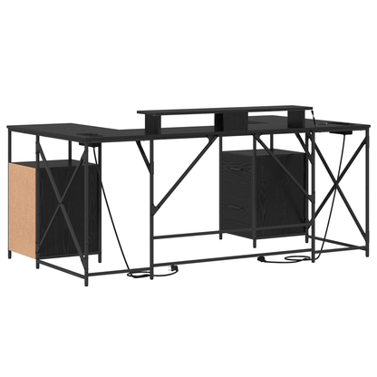 Bureau met lade met opslag Zwart eiken 182 x 101 x 87.5 cm Bewerkt hout