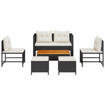 6-delige tuinsofa set met kussens in zwart poly rattan