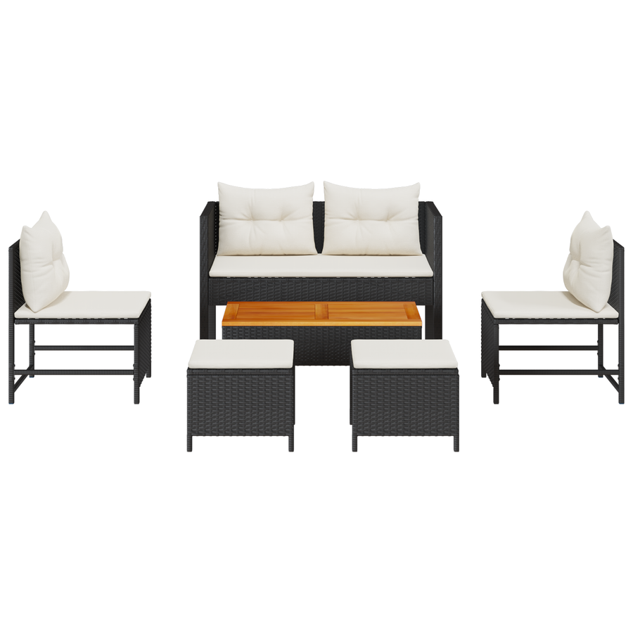 6-delige tuinsofa set met kussens in zwart poly rattan