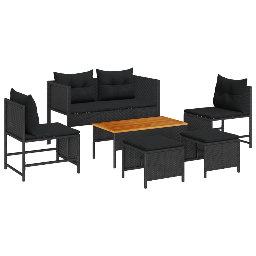 6-delige tuinset met kussens in zwart poly rattan