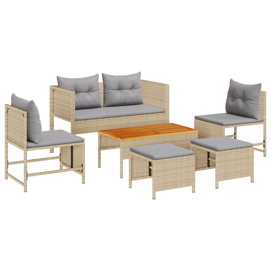 6-delige tuinset met kussens in beige poly rattan