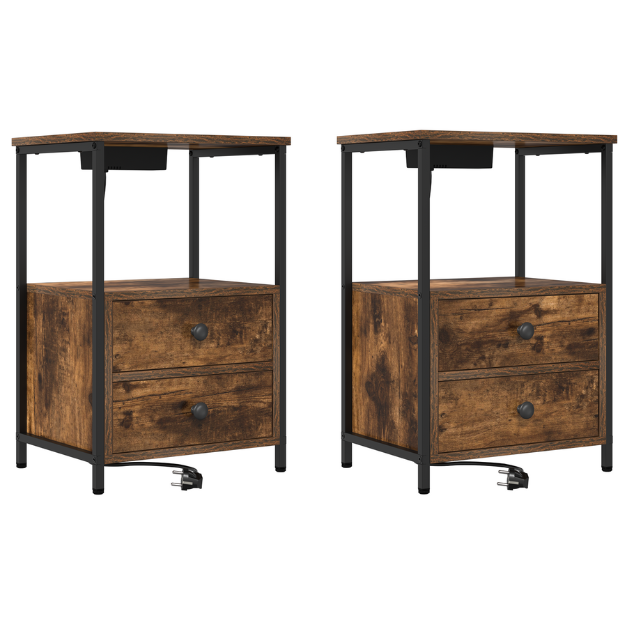 Nachtkastje met Oplaadstation 2 pcs Gerookt eiken Bewerkt hout