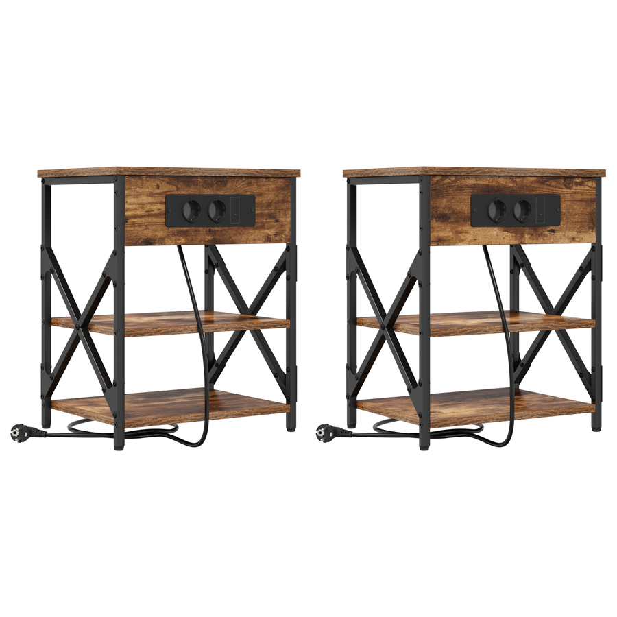 Nachtkastje met Oplaadstation 2 pcs Gerookt eiken Bewerkt hout