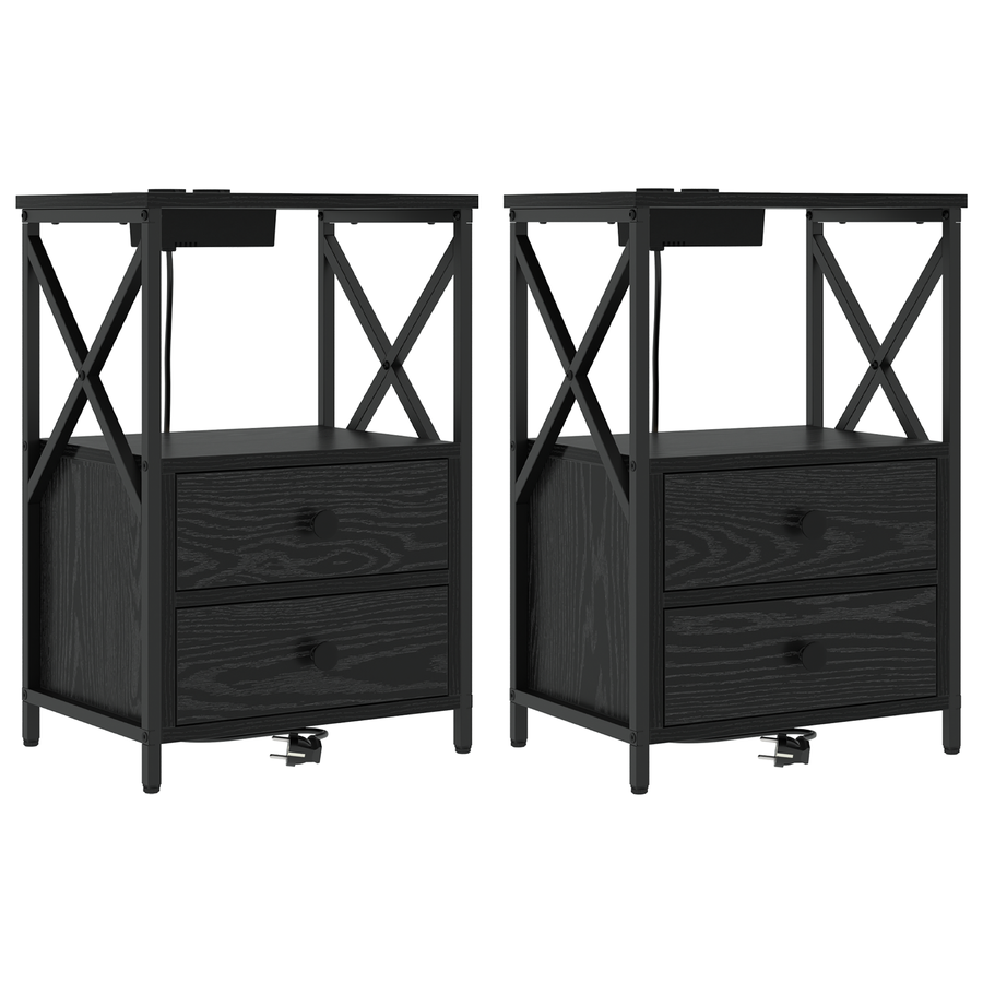 Nachtkastje met Oplaadstation 2 pcs Zwart eiken Bewerkt hout