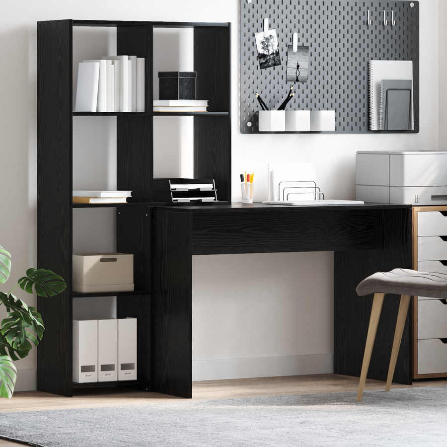 Bureau met plank met opslag Zwart eiken 138.5 x 55 x 143 cm Bewerkt hout