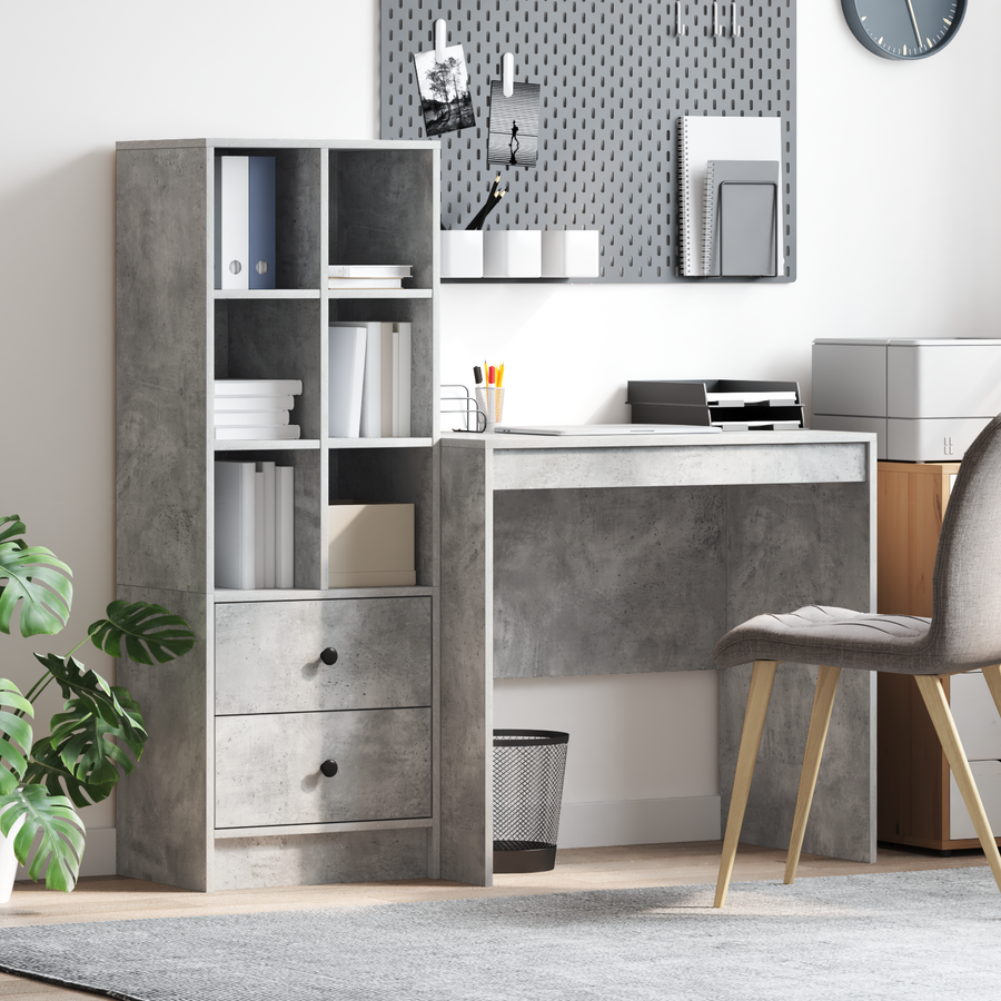 Bureau met opbergruimte bewerkt hout betongrijs