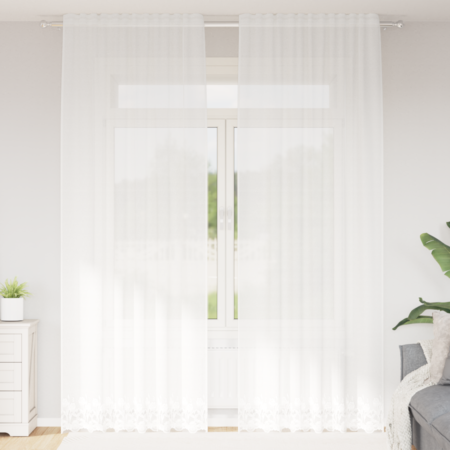 Kantgordijn met gordijnen Bloemen Wit 150 x 260 cm Polyester