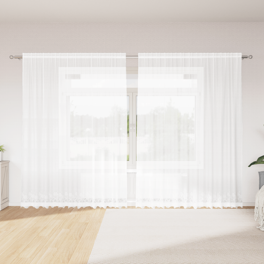 Kantgordijn met gordijnen Bloemen Wit 300 x 200 cm Polyester