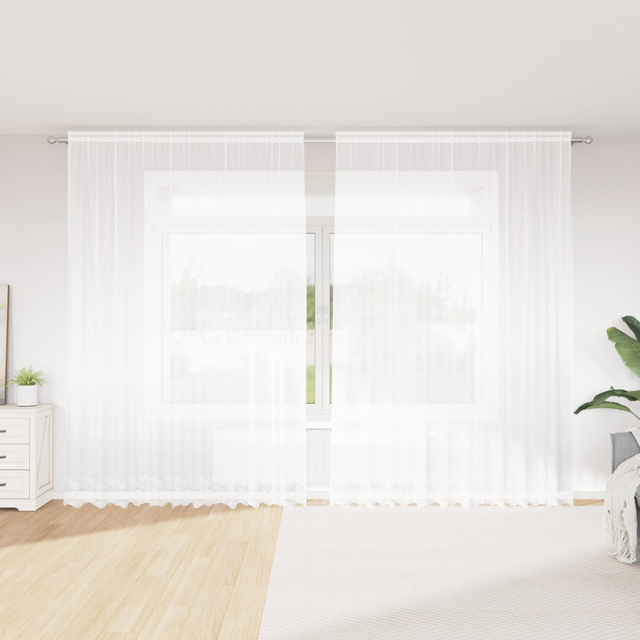 Kantgordijn met gordijnen Bloemen Wit 300 x 300 cm Polyester