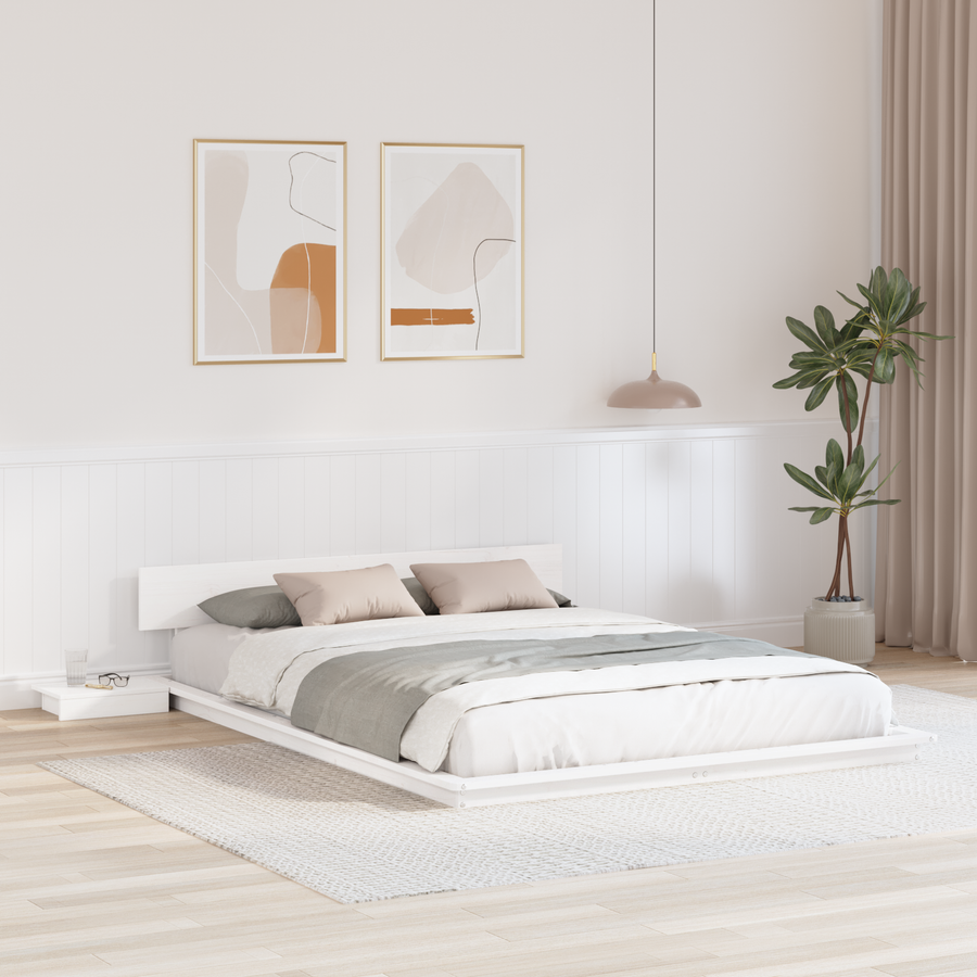 Ligbedframe met Bedtafeltjes Wit 150x200cm Massief Hout