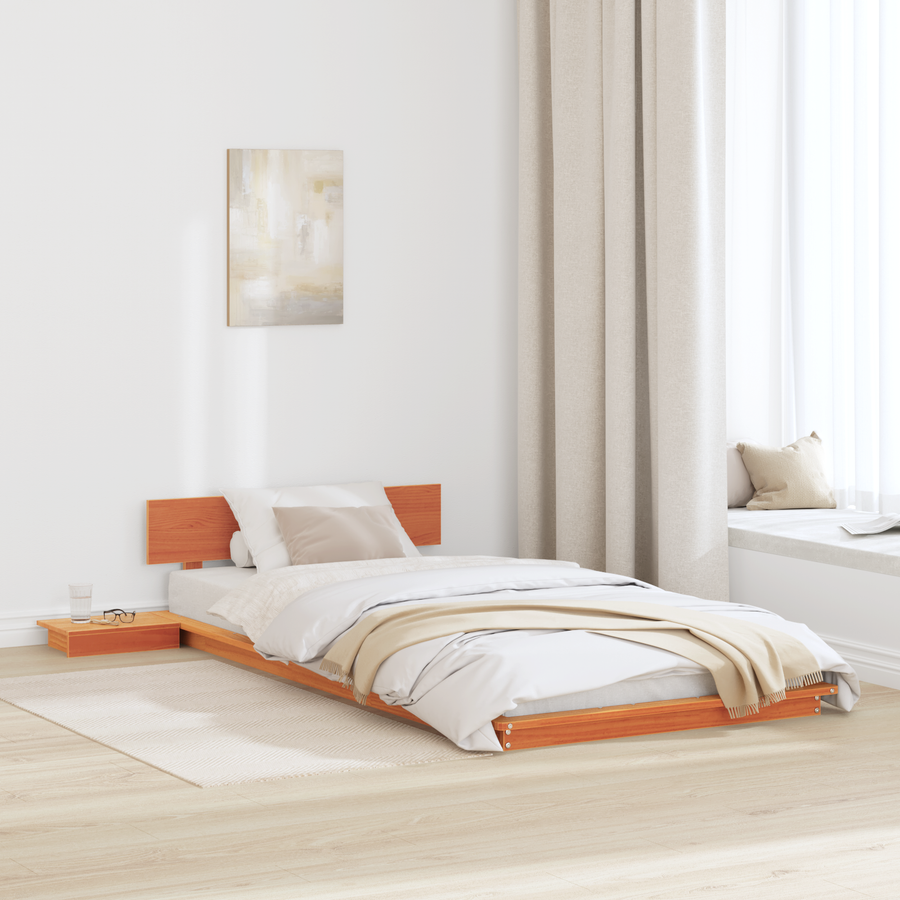 Vloerbed met Nachtkastjes Gewaxd Bruin 75x190cm Massief Hout