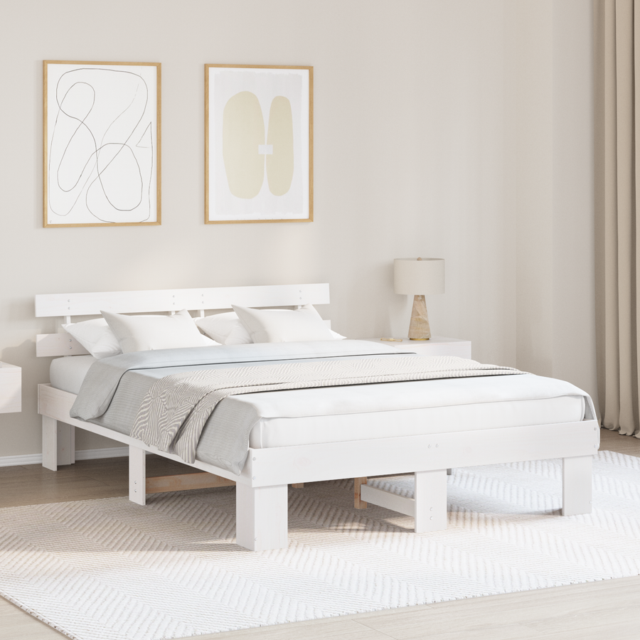 Bedframe met hoofdeinde - Wit - 150x200 cm - Massief grenenhout