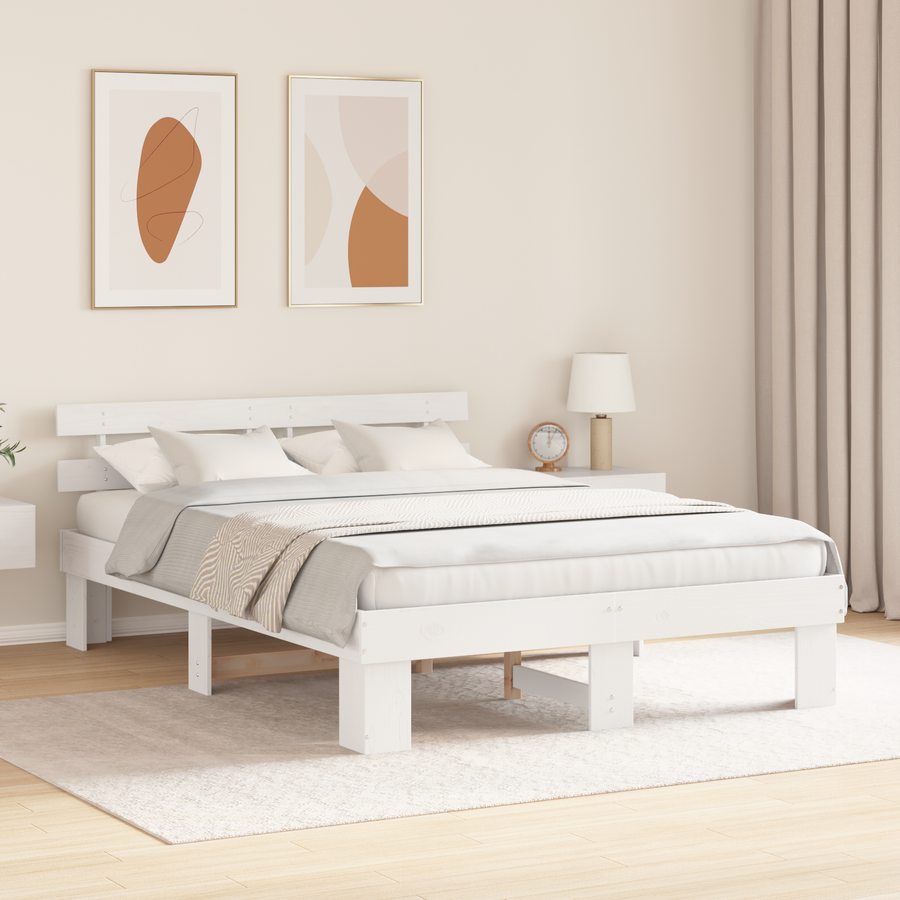 Bedframe met hoofdeinde - Wit - 150x200 cm - Massief grenenhout