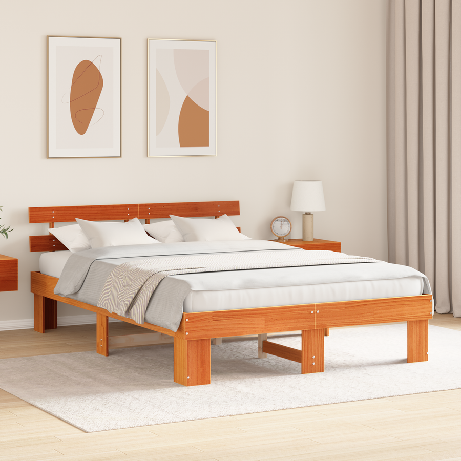 Bedframe met hoofdbord Waxbruin 150x200 cm Massief hout