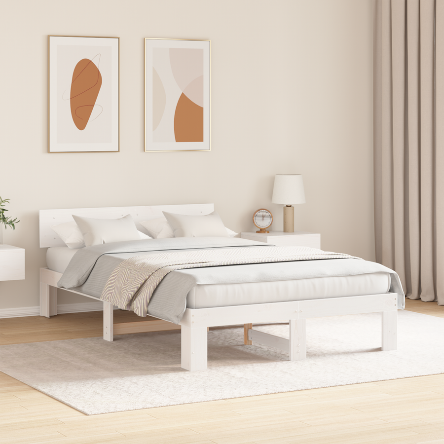 Bedbodem met hoofdbord in het wit, 140x190 cm, van massief grenenhout