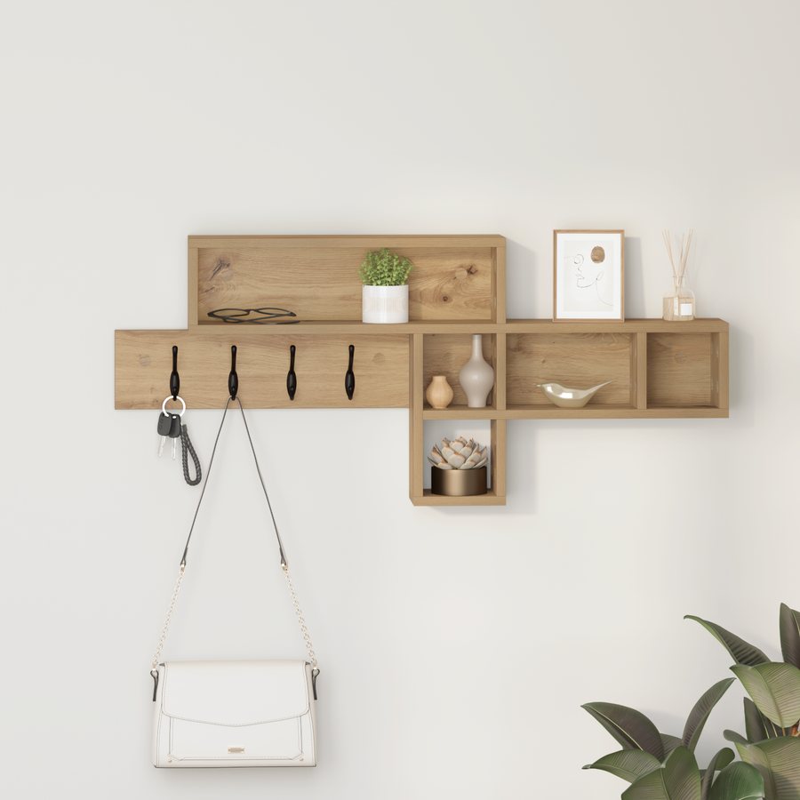 Wandgemonteerde kapstok met plank Wandgemonteerd met opslag artisanaal eikenkleurig