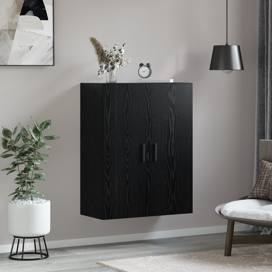 Wandkast met plank met opslag met de deur Zwart eiken 69.5 x 34 x 90 cm Bewerkt hout