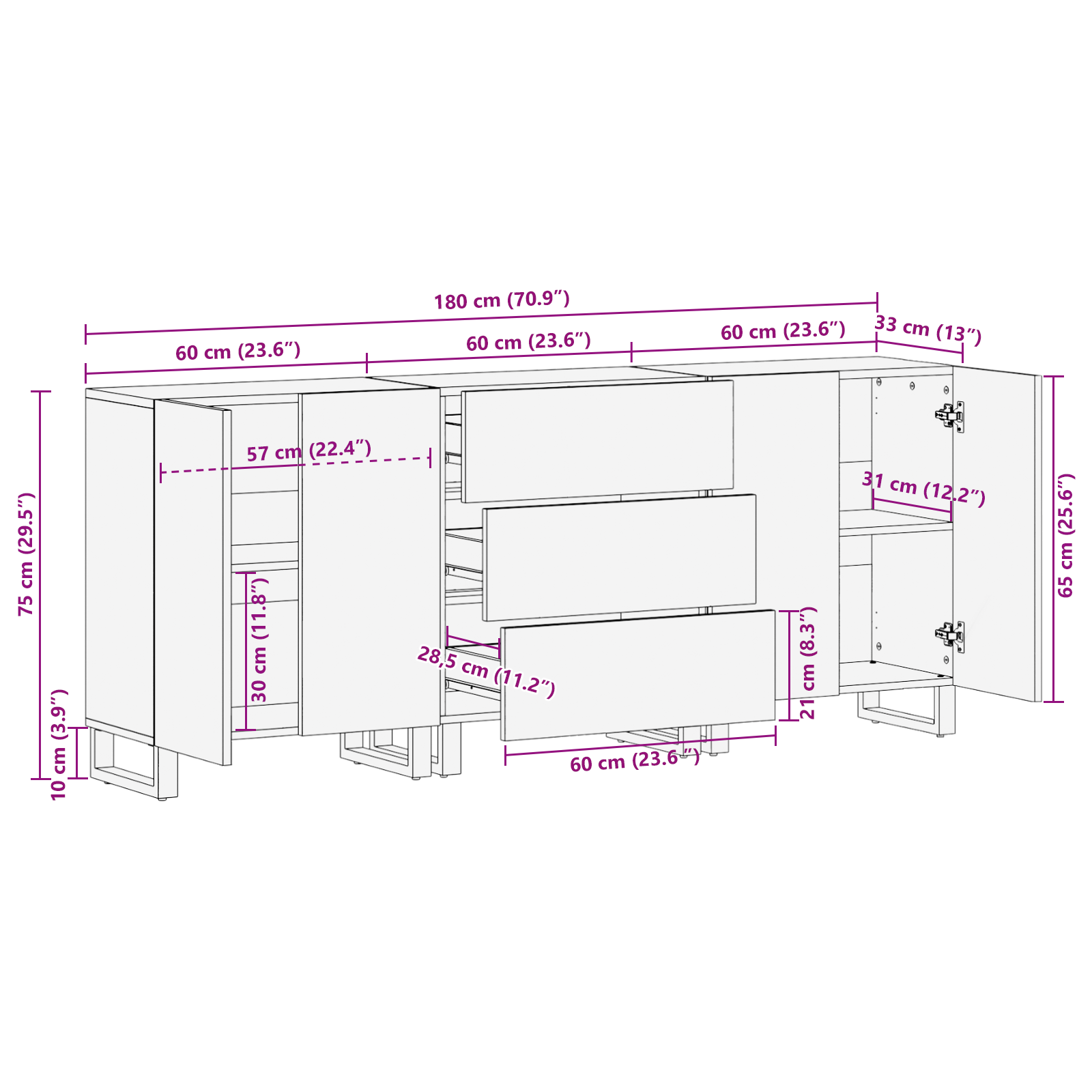Badkamermeubelset met lade met plank met opslag met de deur 3 pcs Wit 180 x 33 x 75 cm