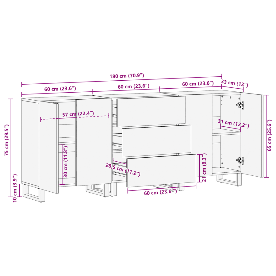 Badkamermeubelset met lade met plank met opslag met de deur 3 pcs Wit 180 x 33 x 75 cm