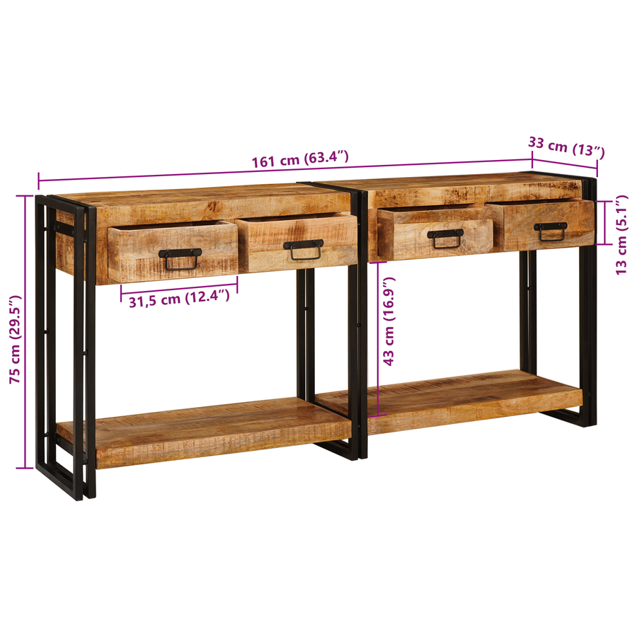 Wandtafels 2 pcs Bruin 160 x 33 x 75 cm Massief ruw mango hout