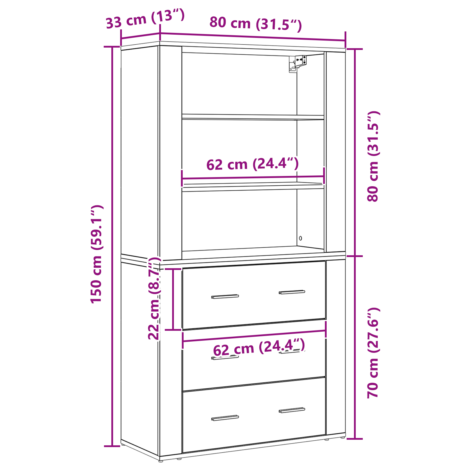 Highboard met lade Zwart eiken 80 x 33 x 150 cm Bewerkt hout