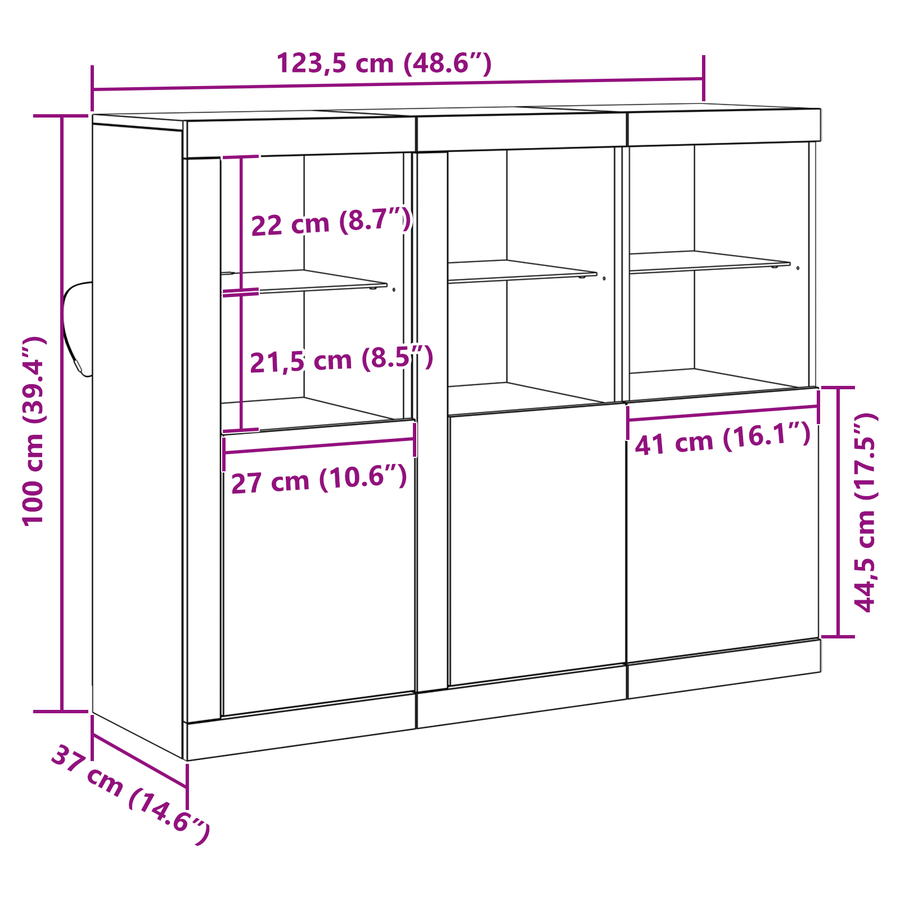 Dressoir 3 pcs Oud hout 123 x 37 x 100 cm Bewerkt hout