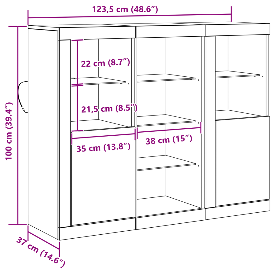 Dressoir met LED 123x37x100 cm bewerkt hout oud houtkleurig