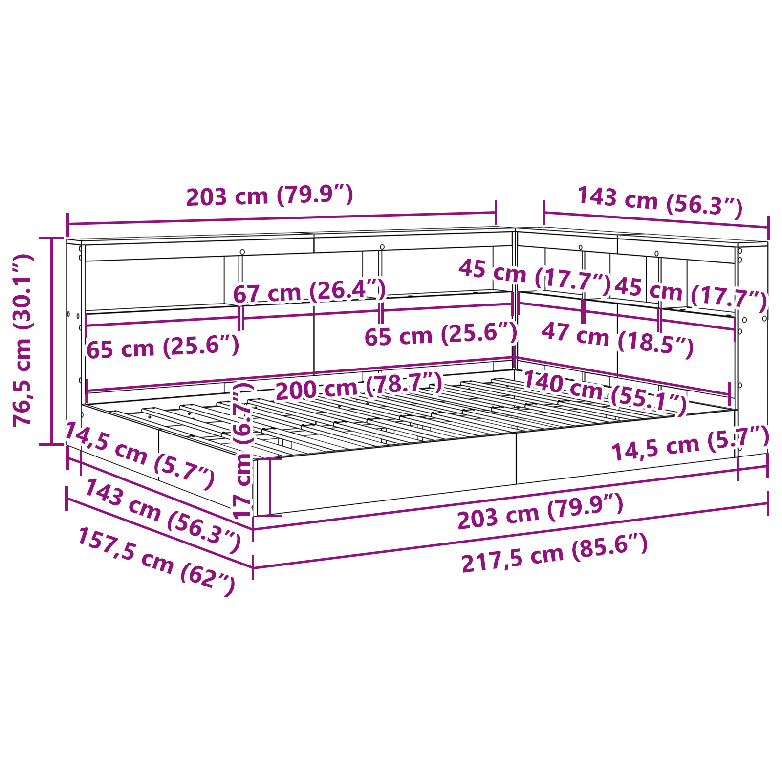 Boekenkast Bed met plank 2 pcs Wit 140 x 200 cm Bewerkt hout