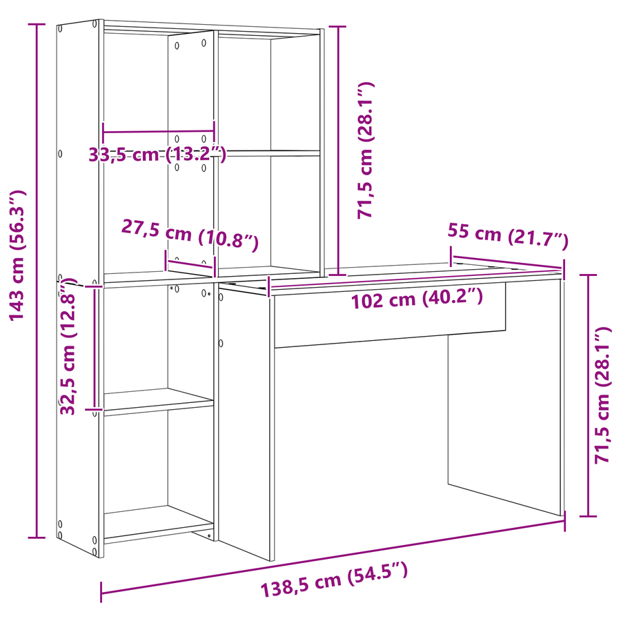 Bureau met plank met opslag Sonoma eiken 138.5 x 55 x 143 cm Bewerkt hout