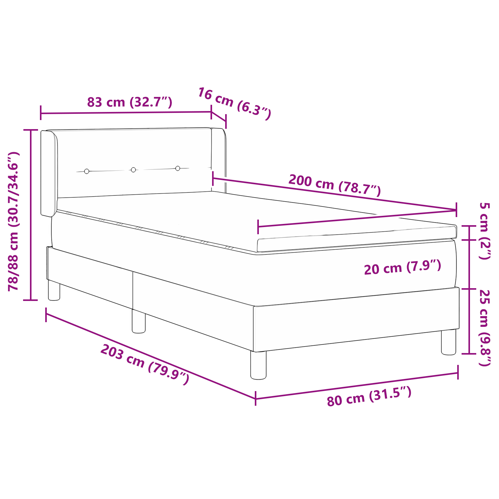 Boxspring bed Donkerbruin en Wit 80 x 200 cm Stof