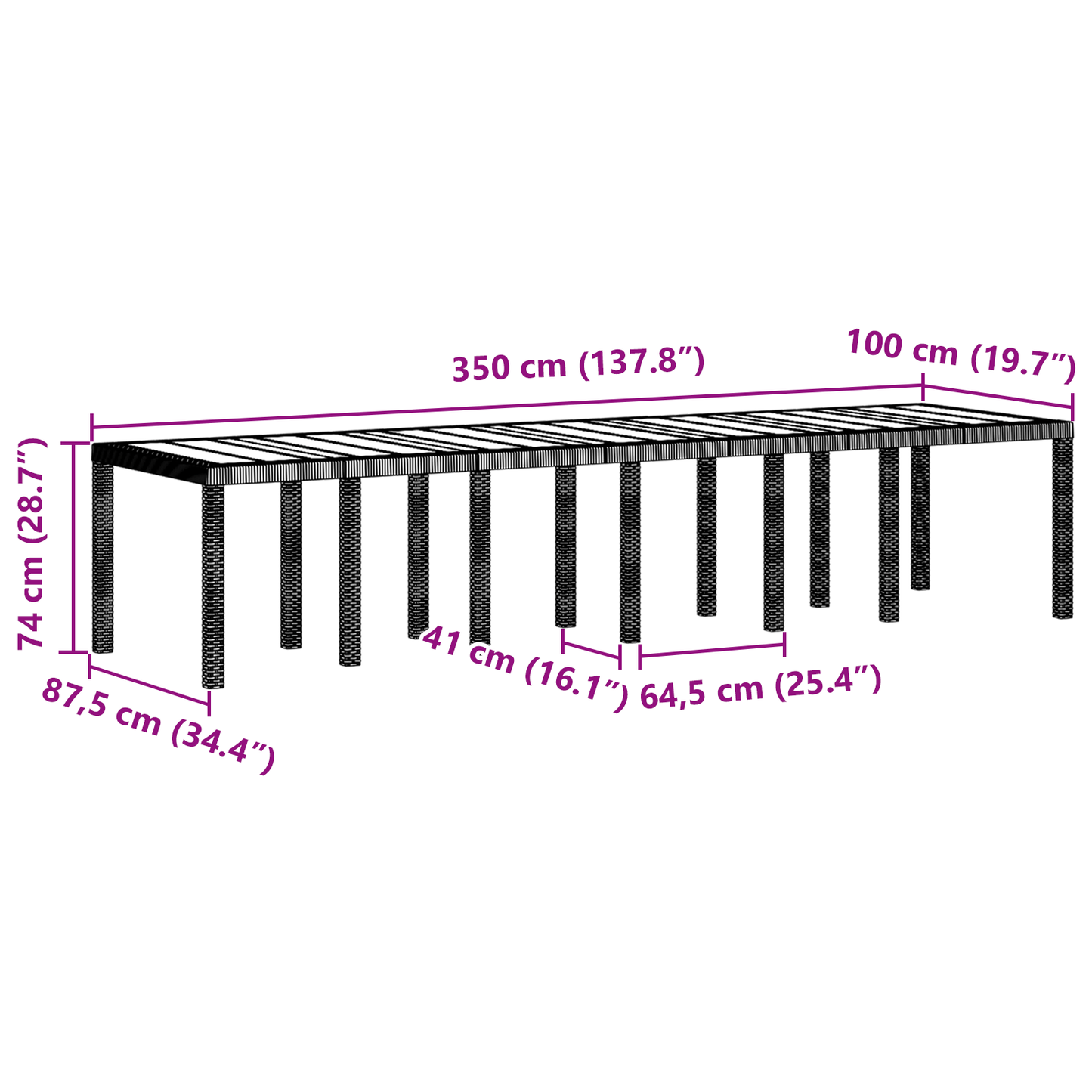 Tuintafel 350x100x73 cm poly rattan bruin