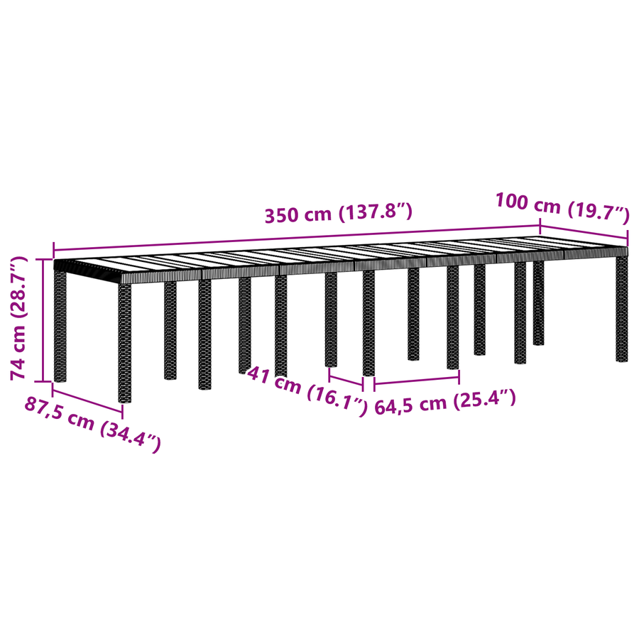 Tuintafel 350x100x73 cm poly rattan bruin