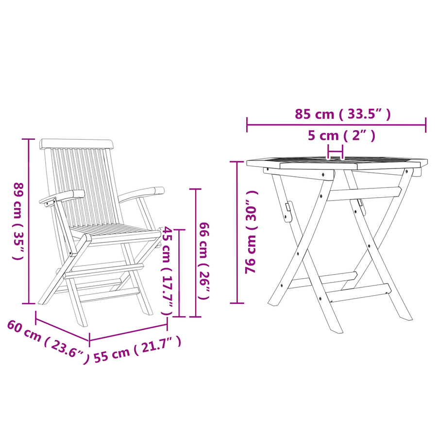 3-delige Opvouwbare Tuin Bistro Set van Massief Acaciahout