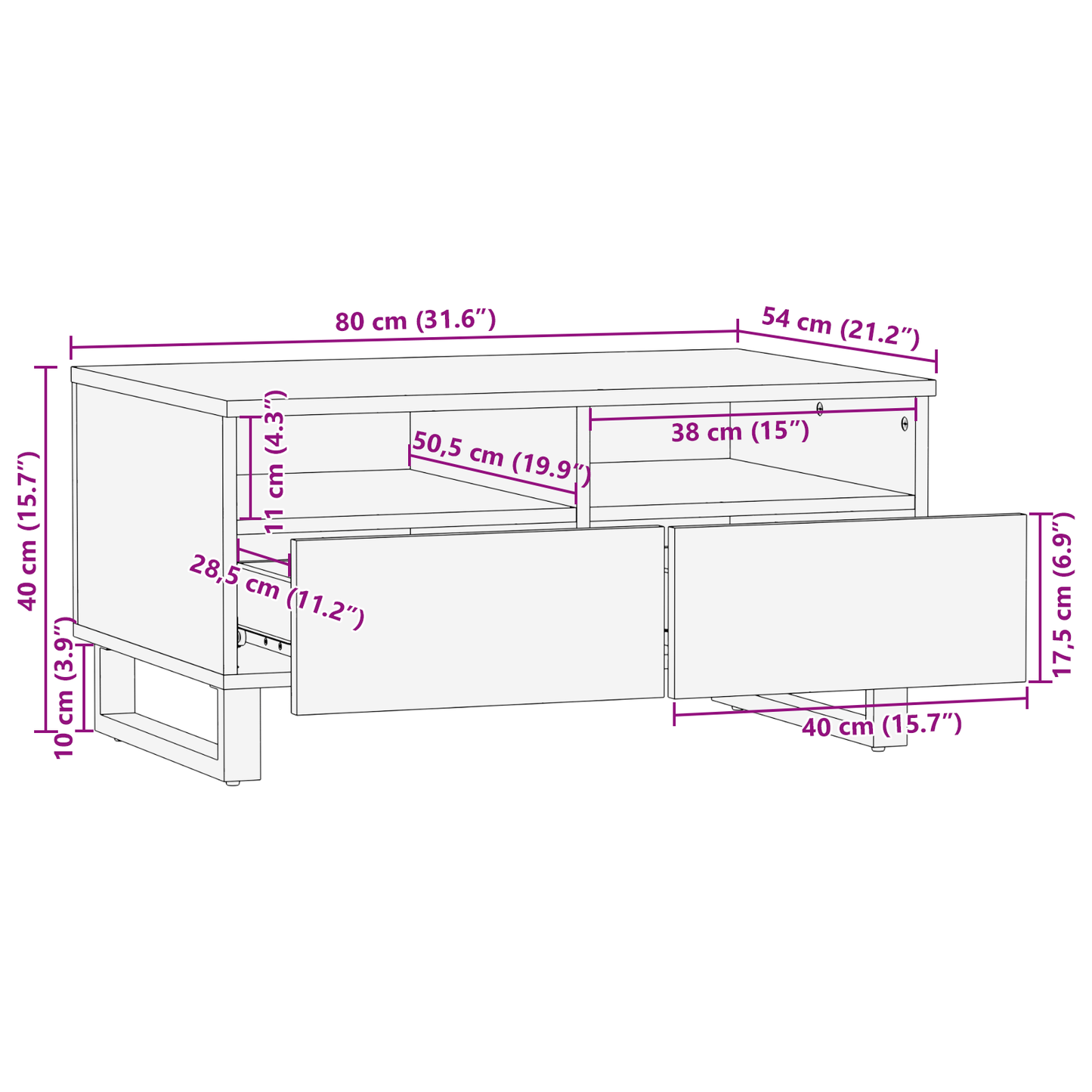 Salontafels met lade met opslag Wit, Zwart 80 x 50 x 40 cm