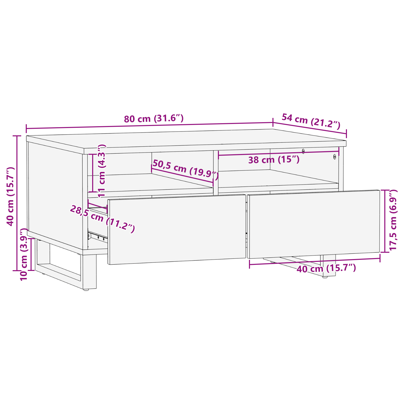 Salontafels met lade met opslag Wit, Zwart 80 x 50 x 40 cm