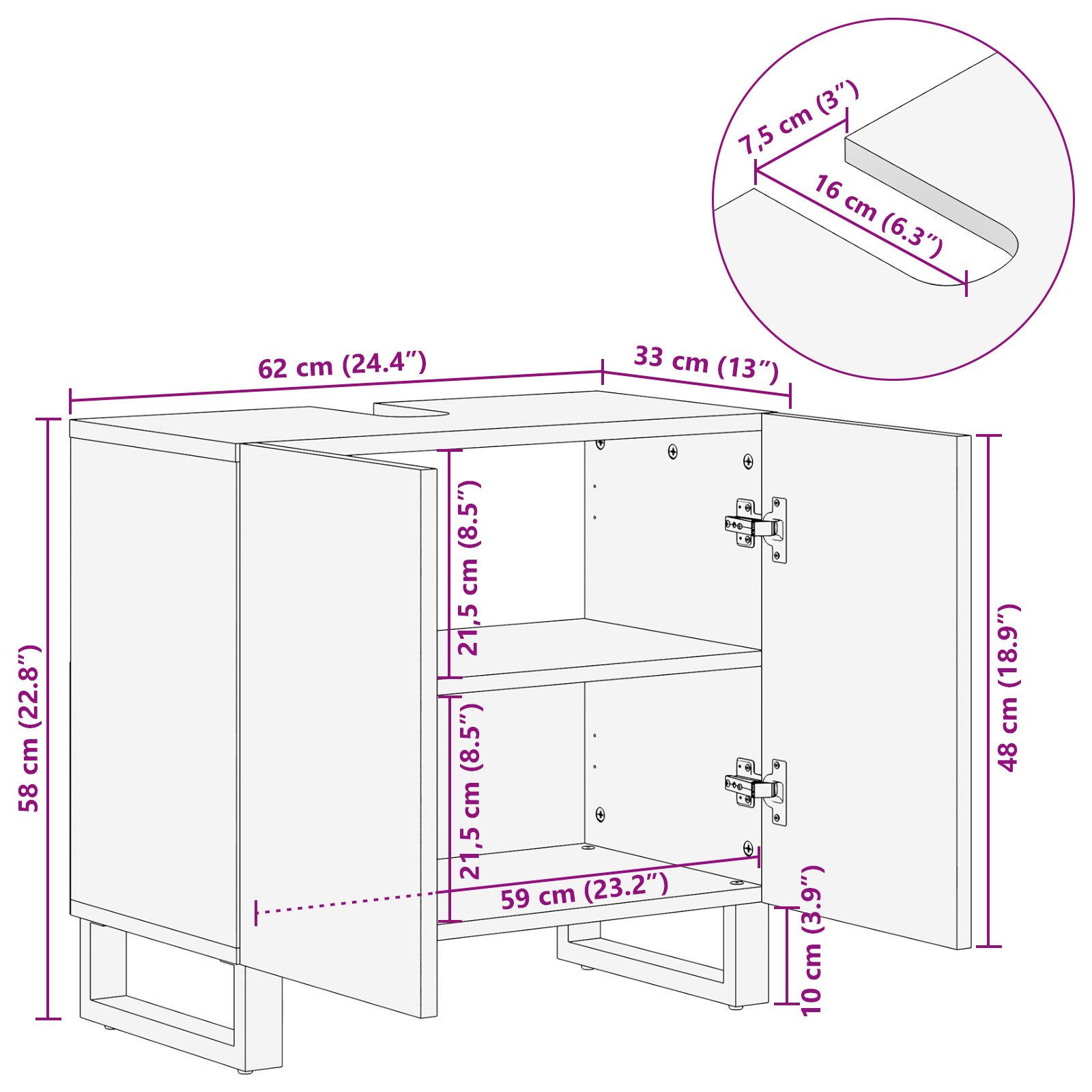 Wastafelkast met plank met opslag met de deur Bruin, Zwart 62 x 33 x 58 cm