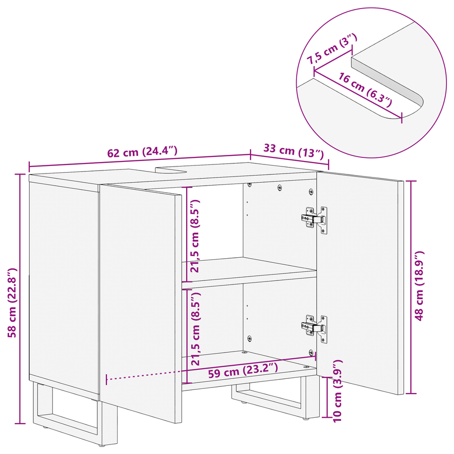 Wastafelkast met plank met opslag met de deur Bruin, Zwart 62 x 33 x 58 cm