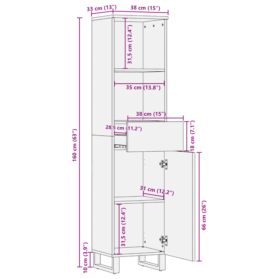 Badkamer Kast met lade met plank met opslag met de deur Bruin, Zwart 38 x 33.5 x 160 cm