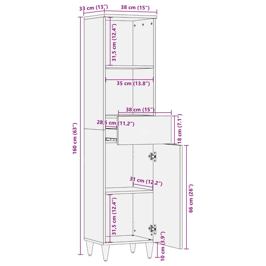 Dressoir met lade met plank met opslag met de deur Bruin 38 x 33.5 x 160 cm