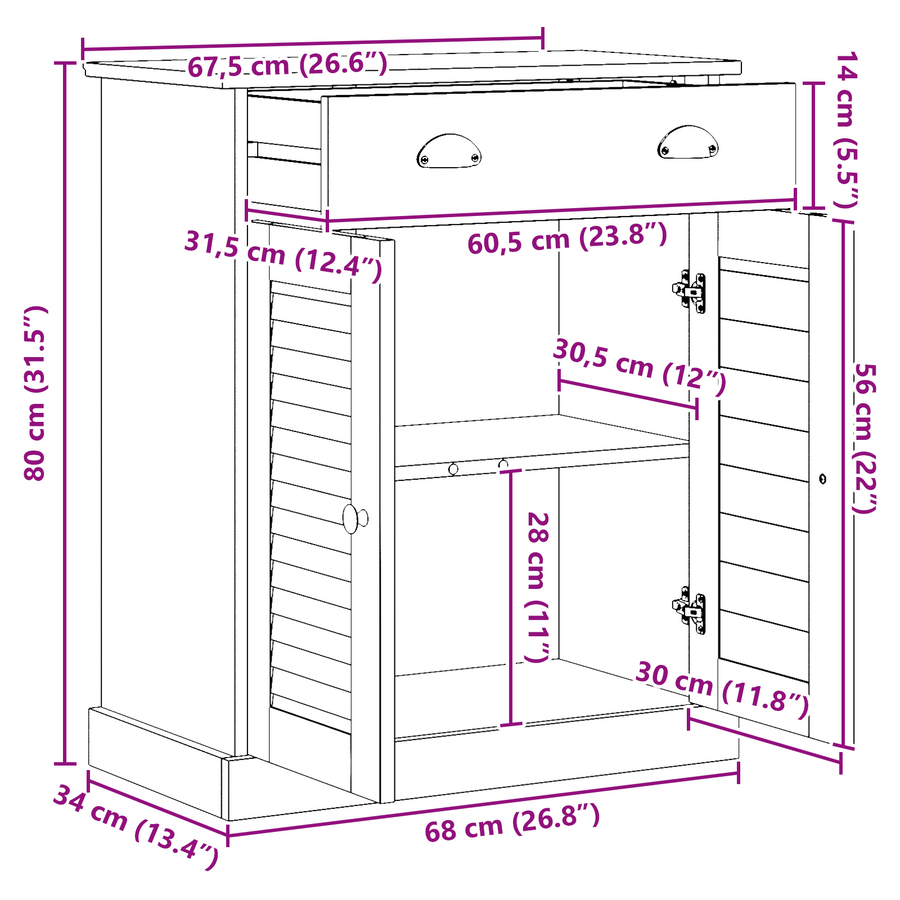 Badkamer Kast met opslag Wit 68 x 34 x 80 cm Massief grenenhout