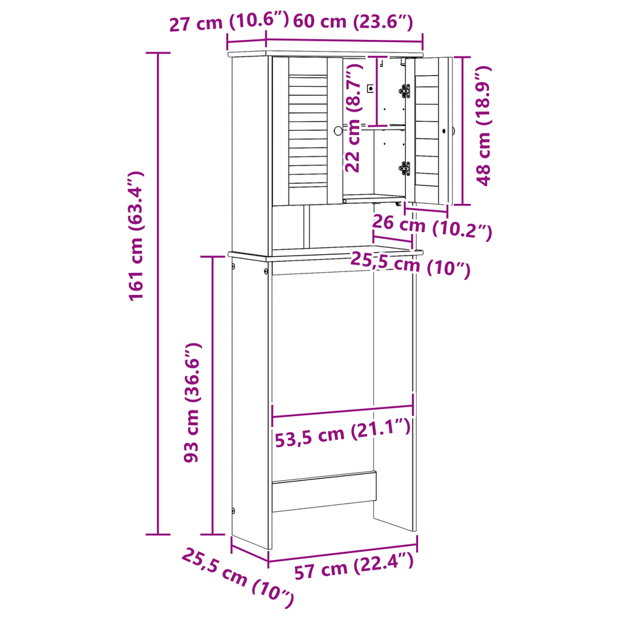 Toiletkast Honingbruin 60 x 27 x 161 cm Massief grenenhout