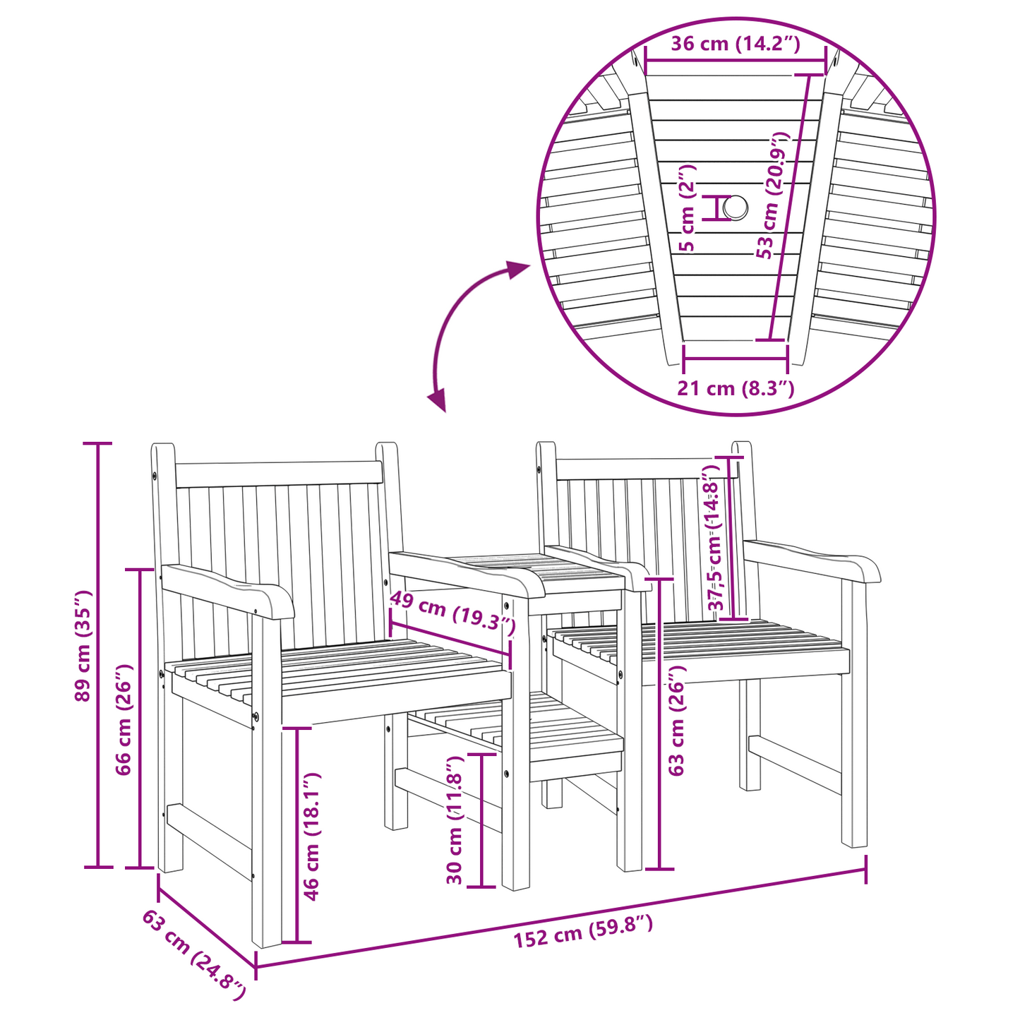 Tuinstoelen met plank Geometrisch met opslag Bruin 152 x 63 x 89 cm Massief teakhout