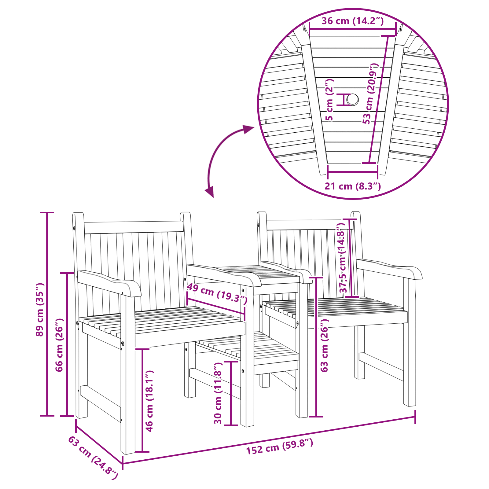 Tuinstoelen met plank Geometrisch met opslag Bruin 152 x 63 x 89 cm Massief teakhout