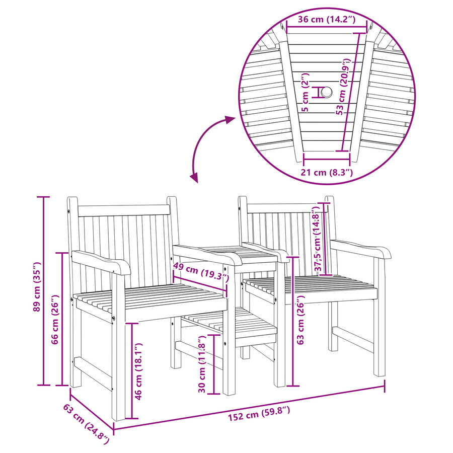 Tuinstoelen met plank Geometrisch met opslag Bruin 152 x 63 x 89 cm Massief teakhout