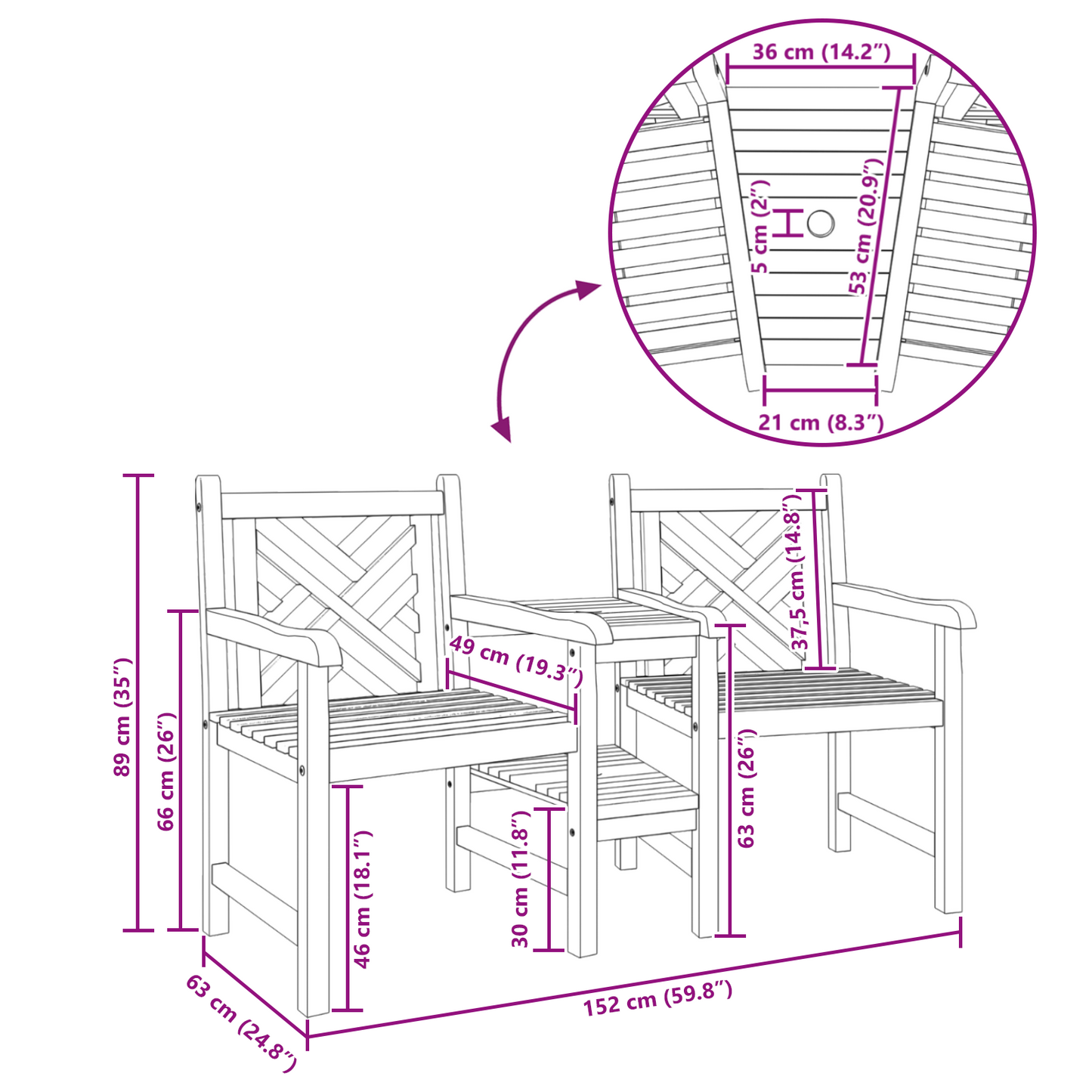 Tuinstoelen met plank Rooster met opslag Bruin 152 x 63 x 89 cm Massief teakhout