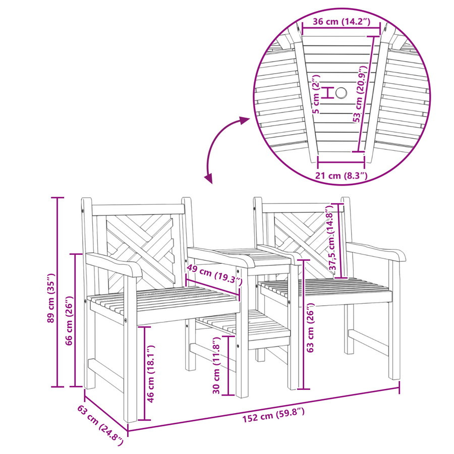Tuinstoelen met plank Rooster met opslag Bruin 152 x 63 x 89 cm Massief teakhout