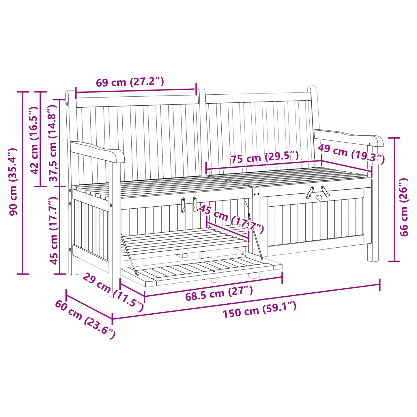 Tuinkast Bank Bruin 150 x 60 x 90 cm Massief teakhout