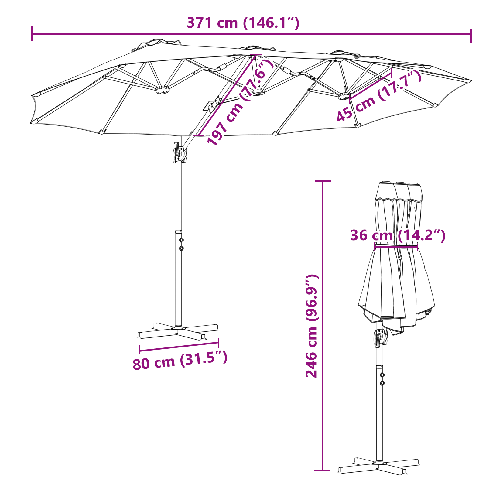 Tuin Cantilever Parasol met slot azuurblauw 372 x 198 x 253 cm