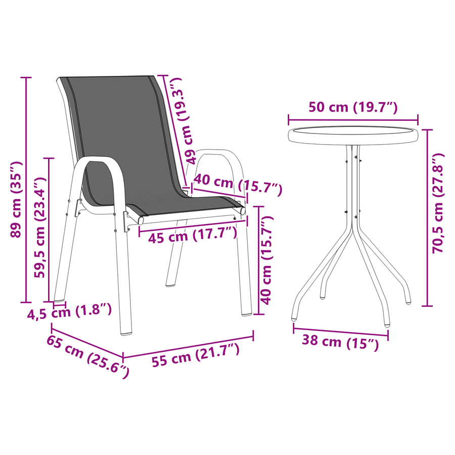 3-delige Bistro Set voor de Tuin in Anthraciet Textilene en Staal