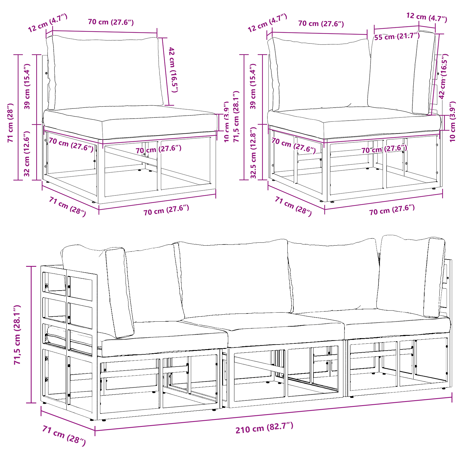Buitenmeubelsets met kussen met kussen 3 pcs Zwart en Anthraciet